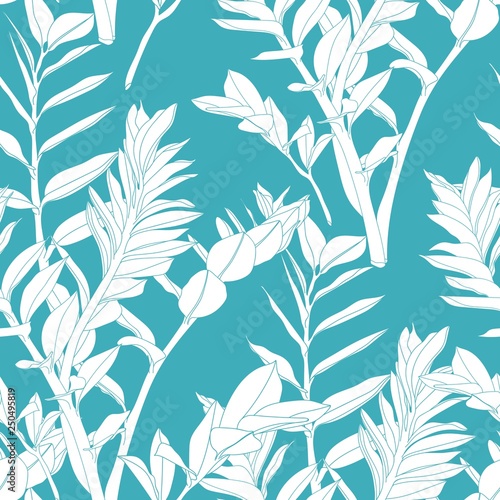 Floral seamless pattern, line split-leaf Zamioculcas plant on blue background, line art.