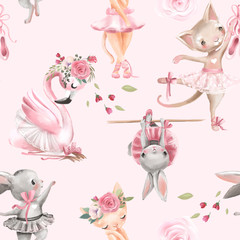 Wandcirkels Konijn patronen Ballerina dieren met roze rozen  © creationsofanna