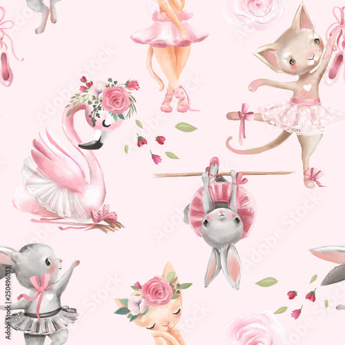 Beautiful, seamless, tileable pattern with watercolor ballerinas animals - bunny, kitten, cat and flamingo bird, ballet girls and pink rose blossoms, flowers