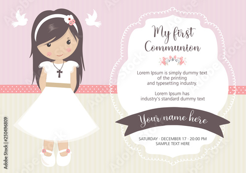 My first communion invitation. Beautiful girl with communion dress and cute frame