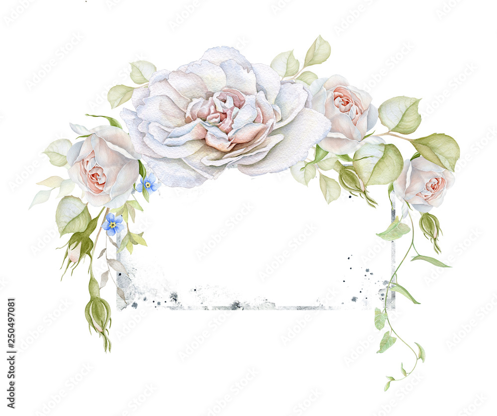 Floral Watercolor Frame with Delicate White Roses
