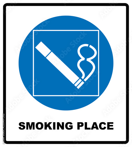 Smoking permited in this place icon. Smoking area. Round blue sign with white pictogram and black text.  illustration isolated on white. Mandatory symbol for public places and outdoors. Notice. photo