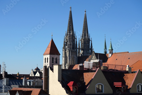 In Regensburg, old churches and St. Peter's Cathedral photograph in the sunshine in the spring