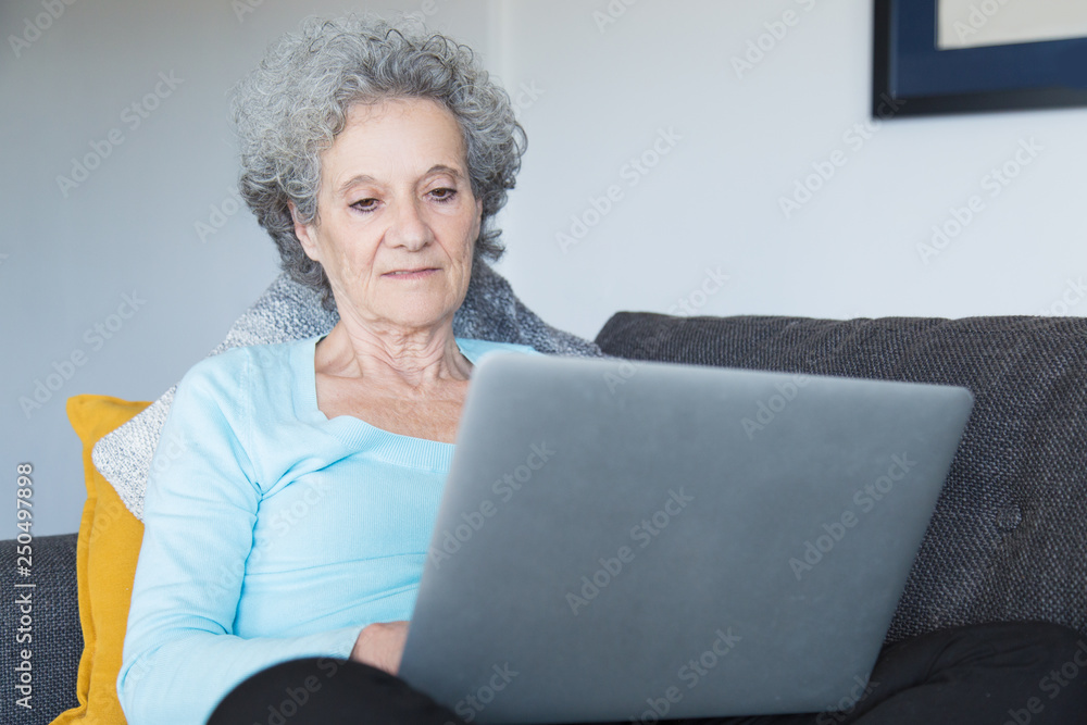 Portrait of serious grandmother working on laptop at home Portrait of serious grandmother working on laptop at home