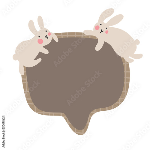 Text bubble with two kawaii bunny who sits on a brown checkered frame for text. Vector nursery illustration. Soft pastel colors.
