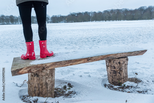 Woman standing on the wooden bench in front of field covered by snow, temple Newsam, Leeds, UK photo