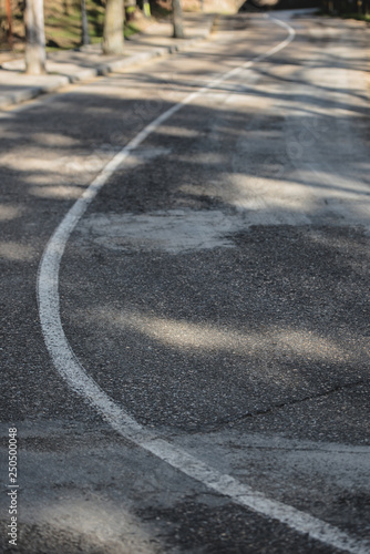 Curved asphalt road with full white line