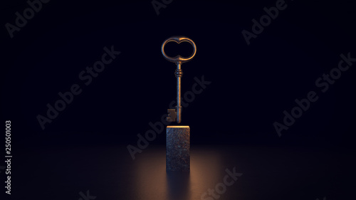 Old metal key on a pedestal a black background with the main element. 3d illustration