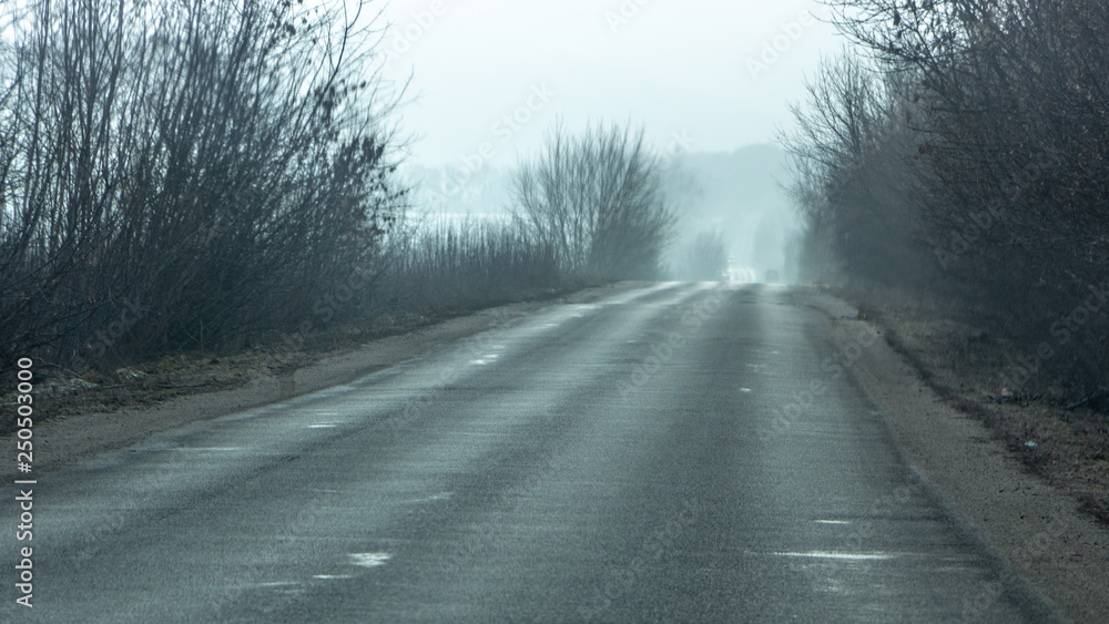 Morning country road in early spring with a haze on the horizon Morning country road in early spring with a haze on the horizon
