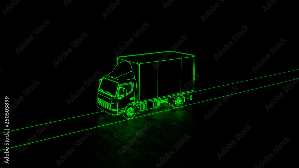 Electric truck transport aerial view line art green neon futuristic look 3d illustration