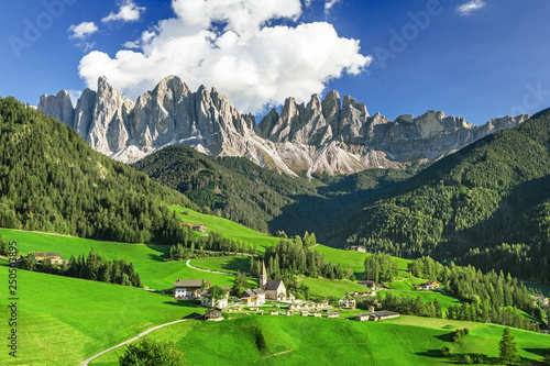 Famous alpine place Santa Maddalena village with magical Dolomites mountains in background, Val di Funes valley, Trentino Alto Adige region, Italy, Europe