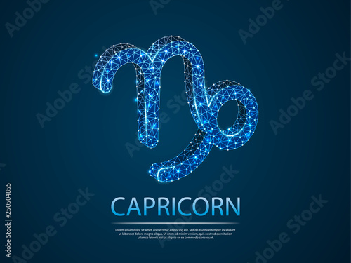 Capricorn Zodiac low poly abstract illustration consisting of points, lines, and shapes in the form of planets, stars and the universe. Vector digit wireframe concept. business concept