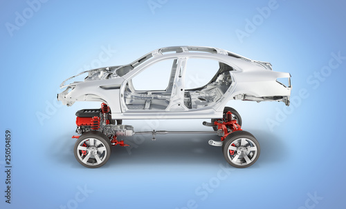 Body and suspension of the car with wheel and engine Undercarriage with bodycar in detail side view isolated on blue gradient background 3d © kv_san