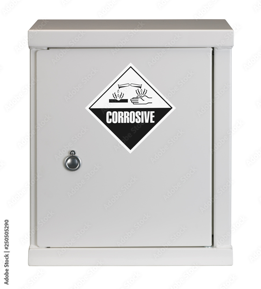 LOCKED STEEL CABINET WITH CORROSIVE WARNING SIGN ON DOOR ISOLATED ON WHITE BACKGROUND LOCKED STEEL CABINET WITH CORROSIVE WARNING SIGN ON DOOR ISOLATED ON WHITE BACKGROUND