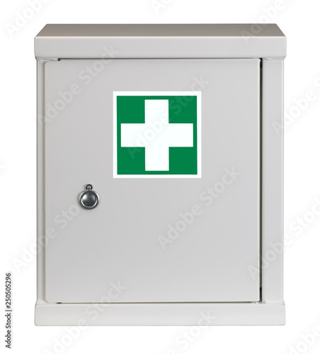 Wallpaper Mural LOCKED STEEL CABINET WITH FIRST AID WARNING SIGN ON DOOR ISOLATED ON WHITE BACKGROUND Torontodigital.ca