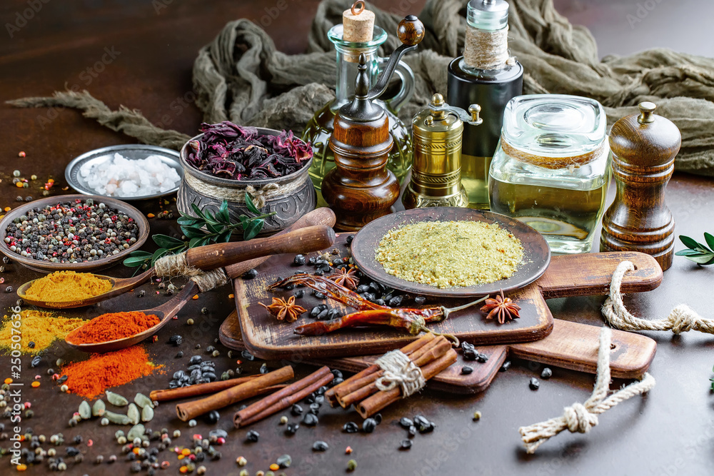 Spices and seasonings for cooking in the composition on the table Spices and seasonings for cooking in the composition on the table