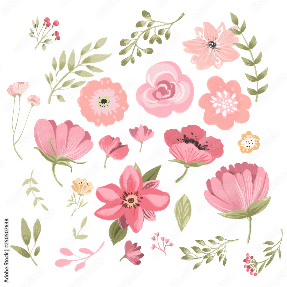 Obraz Śliczne różowe akwarele pojedyncze kwiaty, elementy kwiatowe