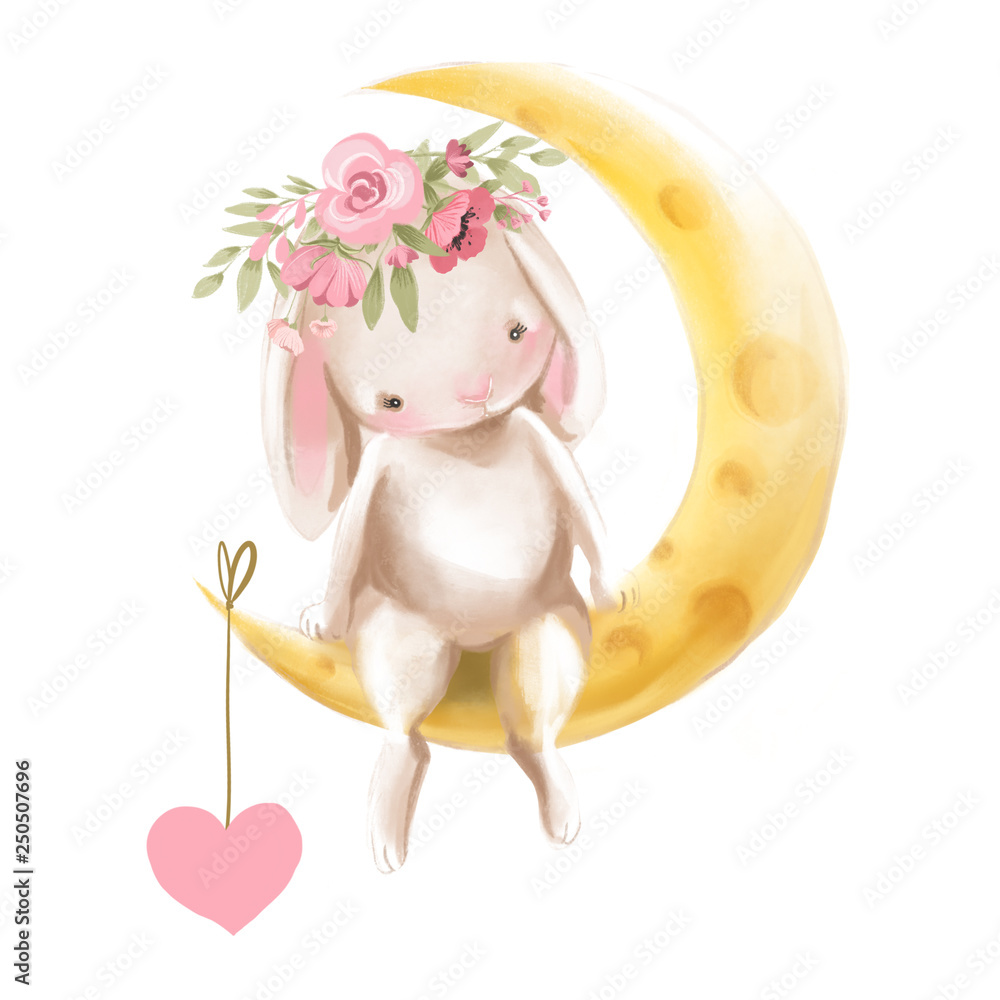 Fototapeta Cute watercolor baby bunny with flowers, floral wreath, bouquet sitting on a half moon with a hanging heart