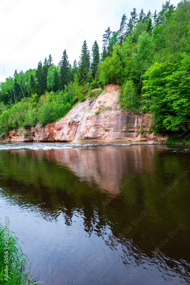 sandstone cliffs on the shore of forest river
