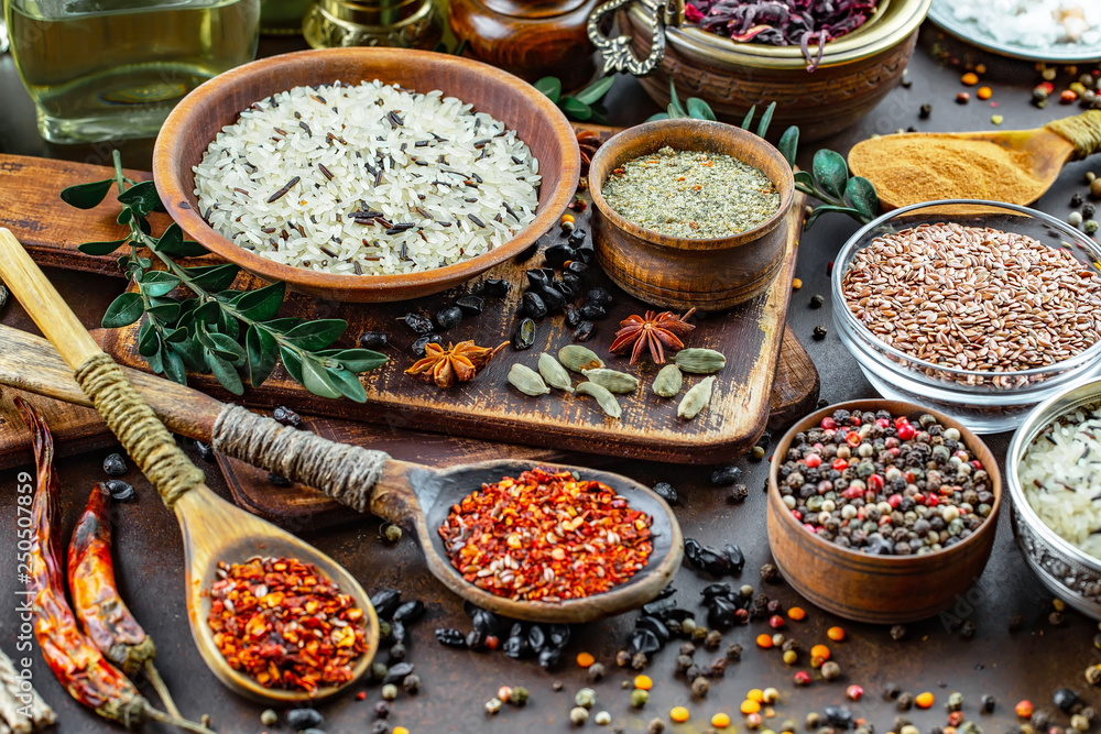 Spices and seasonings for cooking in the composition on the table