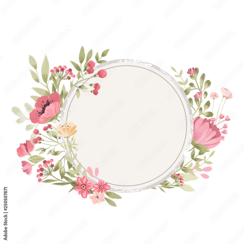 Cute pink watercolor flowers, floral frame