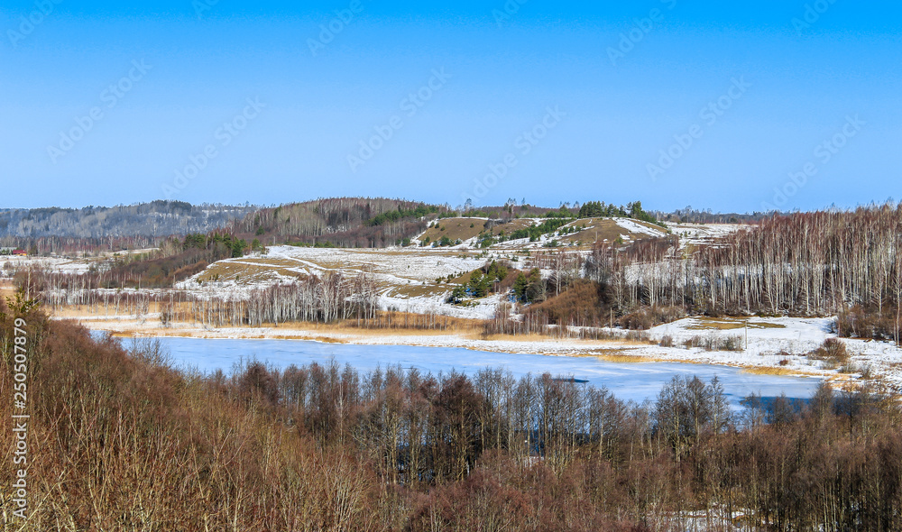 Gorodishenskoe lake in Izborsk at winter time. Pskov region, Russia