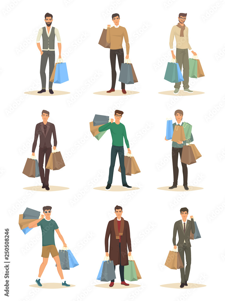 Set of isolated men with package during shopping Set of isolated men with package during shopping