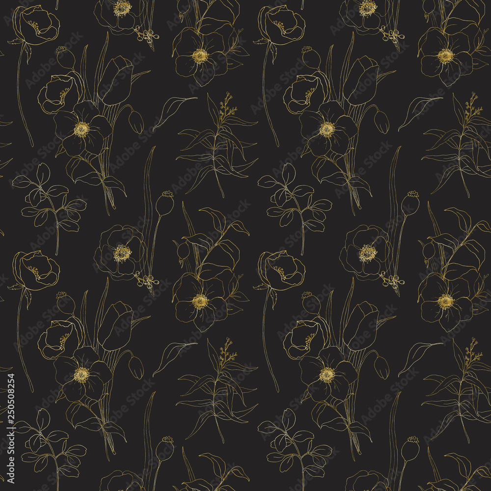 Golden sketch anemone seamless pattern on black background. Hand painted flowers, eucalyptus leaves and branch isolated on black background for design, print or fabric.