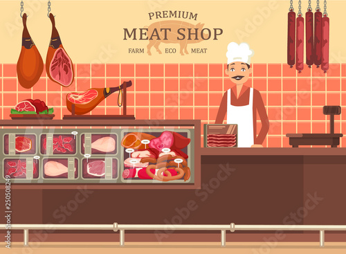 Butcher man at meat store showcase with ham