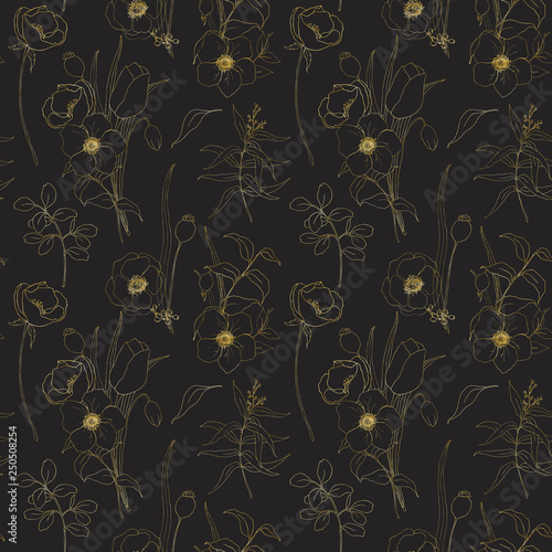 Golden sketch anemone seamless pattern on black background. Hand painted flowers, eucalyptus leaves and branch isolated on black background for design, print or fabric.
