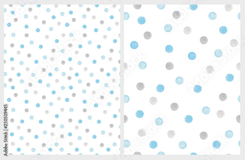Cute Hand Drawn Abstract Brush Irregular Dots Vector Pattern Set. Gray and Blue Brush Dots on a White Backgrounds. Bright Watercolor Like Design. Simple Dotted Layout.