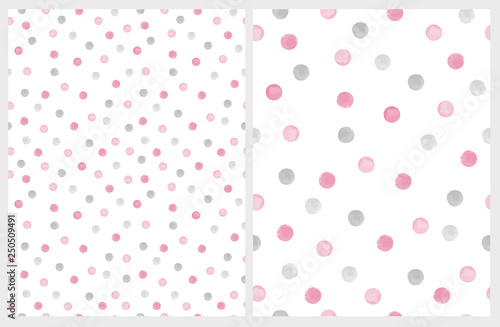 Cute Hand Drawn Abstract Irregular Polka Dots Vector Pattern Set. Gray and Pink Brush Dots on a White Background. Bright Watercolor  Style Vector Print. Simple Dotted Layout.