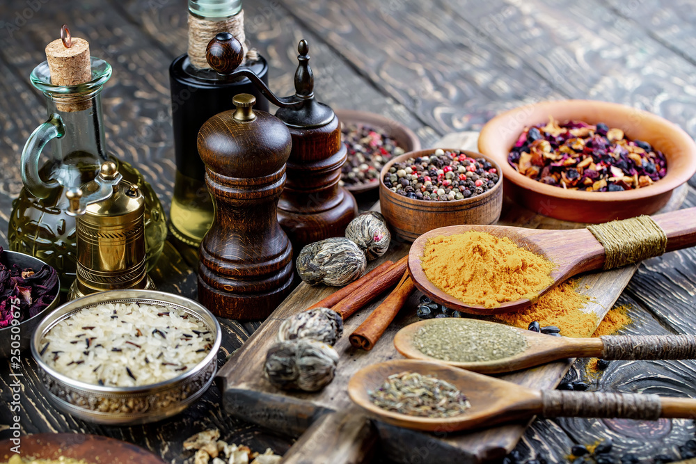 Spices and seasonings for cooking in the composition on the table