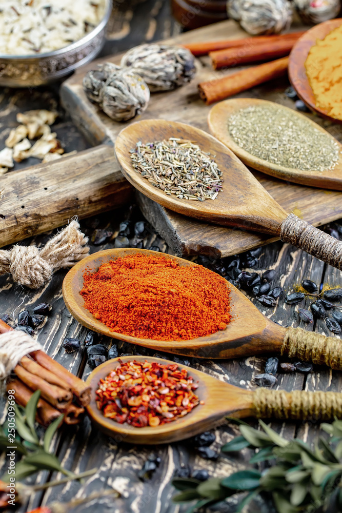 Spices and seasonings for cooking in the composition on the table Spices and seasonings for cooking in the composition on the table