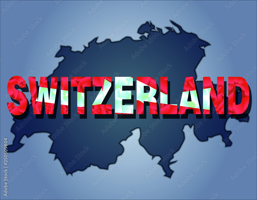 Obraz premium The contours of territory of Switzerland and Switzerland word in the colors of the national flag