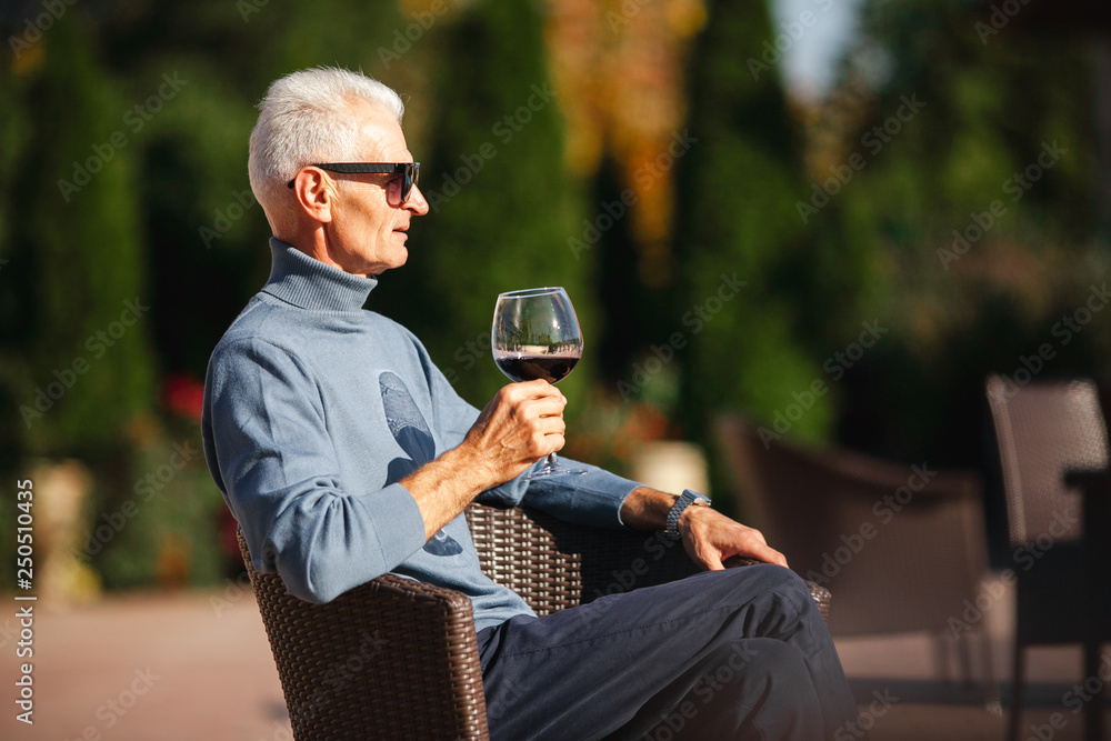 Relaxed old grey-haired man sit at the garden and enjoy glass of wine Relaxed old grey-haired man sit at the garden and enjoy glass of wine