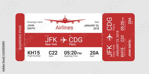 Red boarding pass isolated on a gray background. Vector illustration.