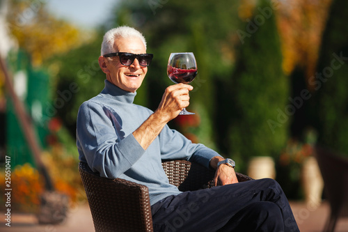 Relaxed old grey-haired man sit at the garden and enjoy glass of wine