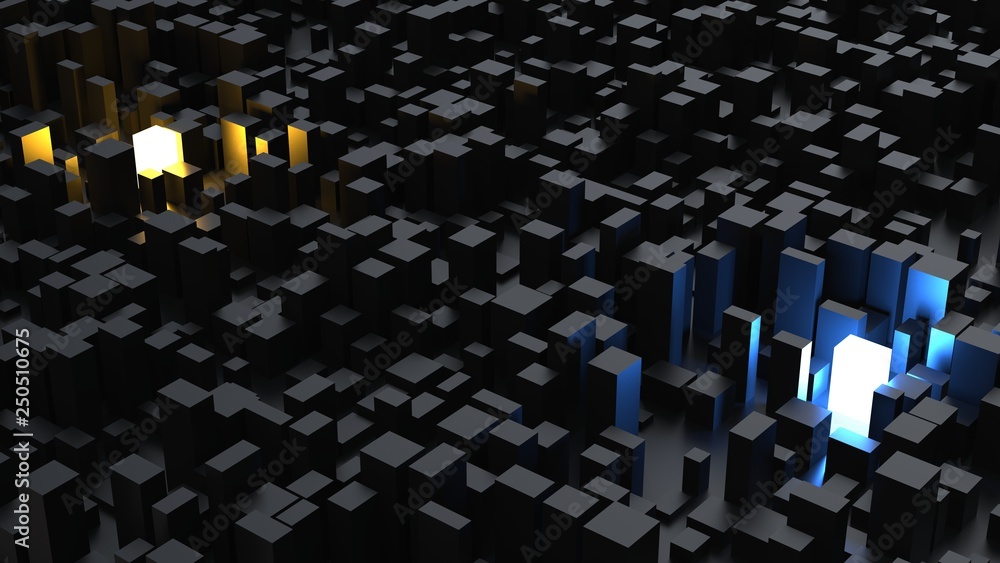Obraz premium Abstract low poly dark city with orange and blue glowing buildings