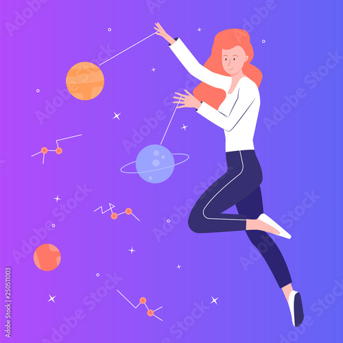 Young pretty girl flying in space. Juggles with planets. The study of astronomy, science circle, student quiz. Vector illustration on a bright gradient background.