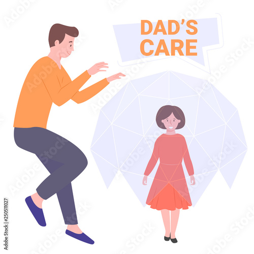 Daddy protector, a hero for his daughter. Do not give the girl a grudge. On guard of stress and resentment, ready to help. Vector illustration.