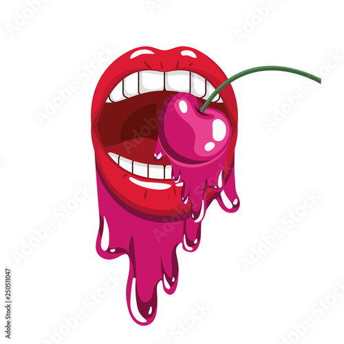 female mouth dripping with cherry fruit
