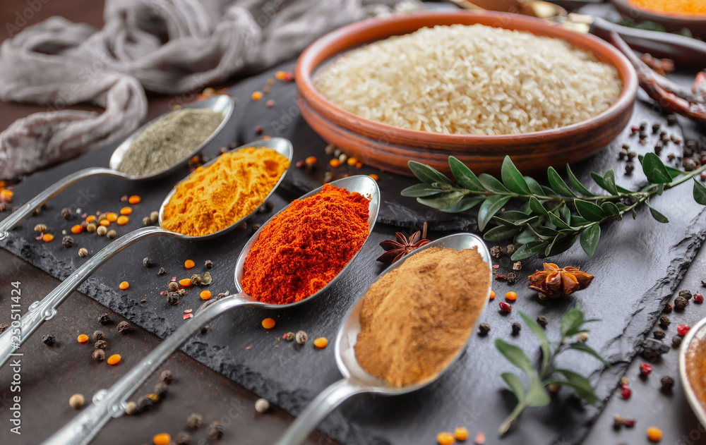 Spices and seasonings for cooking in the composition on the table Spices and seasonings for cooking in the composition on the table