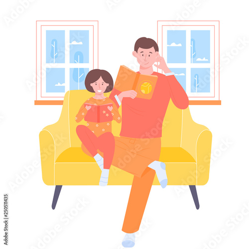 Dad and daughter are sitting on the couch. Read books together. Family evening. Winter landscape in the windows. Bright vector illustration.