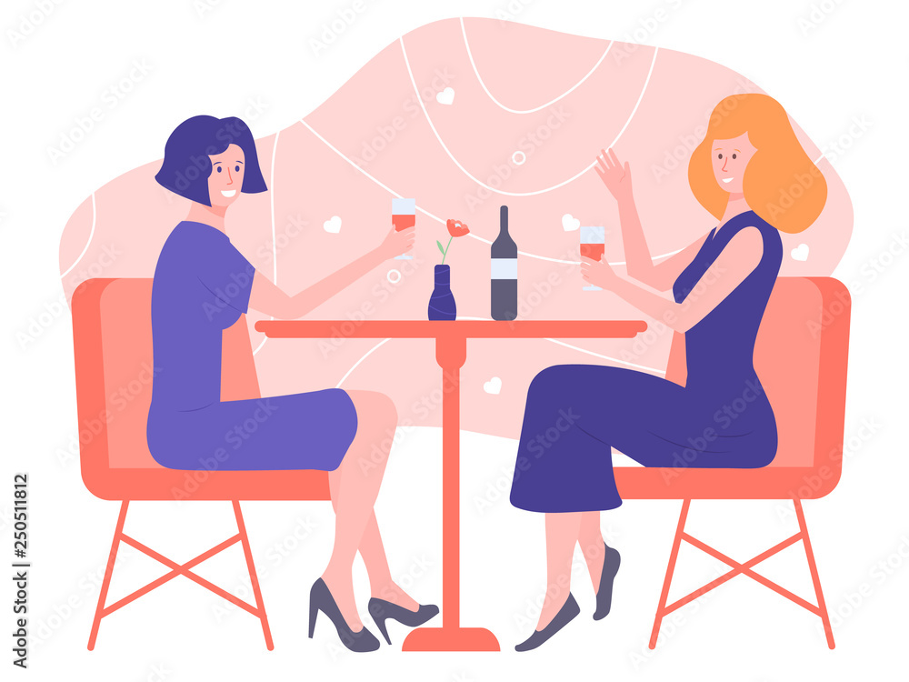 Loving couple of girls sitting at a table in a restaurant. Raised glasses, make a toast, enjoy life. Cute cheerful girlfriends spend the evening together. Vector illustration on pastel background.