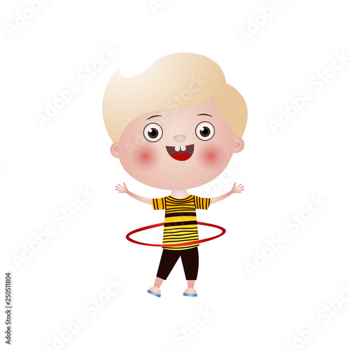 Little smiling blond boy plays hula hoop isolated on white background