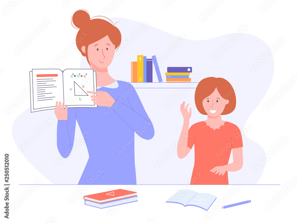 Home schooling, effective learning, inquisitive child. Mom or tutor is holding a math textbook. The girl raises her hand to answer questions. Vector illustration. Home schooling, effective learning, inquisitive child. Mom or tutor is holding a math textbook. The girl raises her hand to answer questions. Vector illustration.