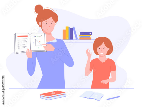 Home schooling, effective learning, inquisitive child. Mom or tutor is holding a math textbook. The girl raises her hand to answer questions. Vector illustration.