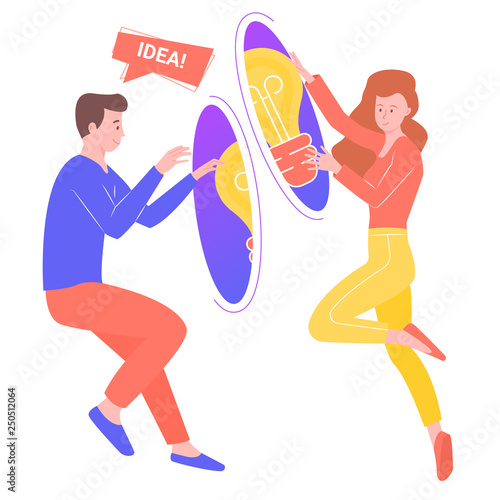 Brainstorming concept. People share ideas. Bright vector business illustration.