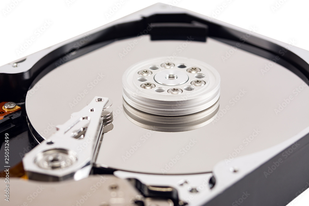 disassembled hard drive on white background, hdd, hard disk drive, close-up disassembled hard drive on white background, hdd, hard disk drive, close-up